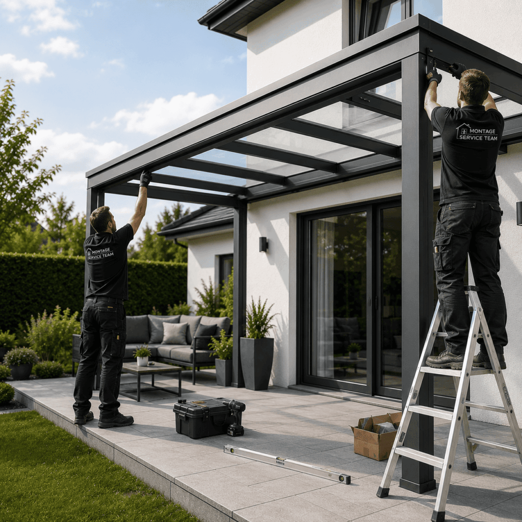 Fachgerechte Montage eines modernen Terrassendachs durch erfahrene Monteure