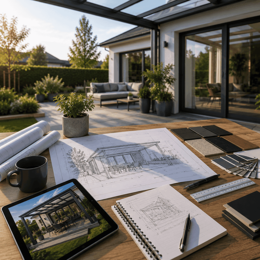 Planung eines modernen Terrassendachs für ein Einfamilienhaus durch das Montage Service Team