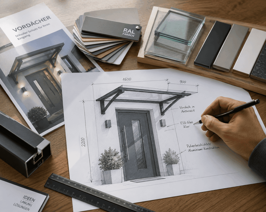 Planung eines modernen Vordachs mit Materialmustern und technischem Entwurf
