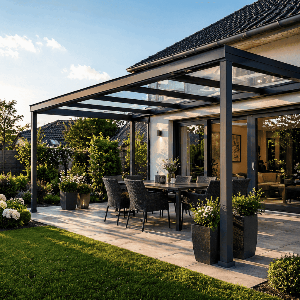 Modernes Terrassendächer mit Glasdach und Sitzbereich auf einer Terrasse vom Montage Service Team